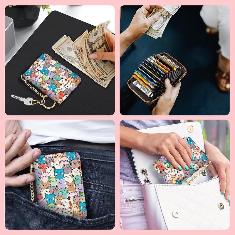 Blusabaca RFID Credit Card Holder Wallets for Women, Small Cat Card Case Wallet with Removable Keychain and Zipper, Leather Card Holder Pocket Business Card Accordion Wallet - Image 3